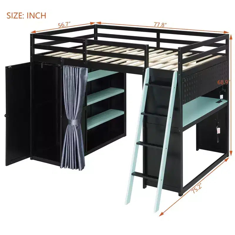 Lit mezzanine gaming pleine grandeur avec bureau et lumières RVB, cadre de lit mezzanine en bois avec armoire de rangement, étagères et rideaux occultants