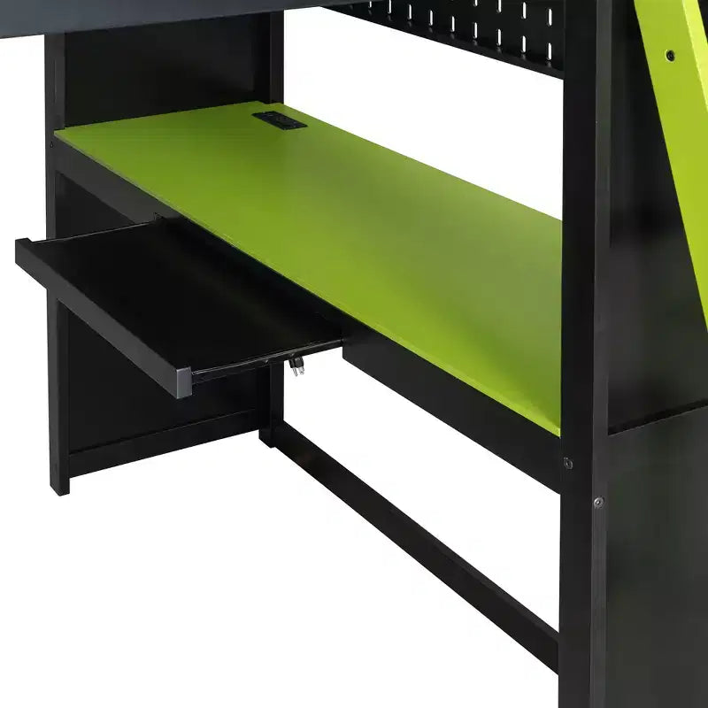 Lit mezzanine gaming pleine grandeur avec bureau et lumières RVB, cadre de lit mezzanine en bois avec armoire de rangement, étagères et rideaux occultants