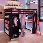 Lit mezzanine gaming pleine grandeur avec bureau et lumières RVB, cadre de lit mezzanine en bois avec armoire de rangement, étagères et rideaux occultants