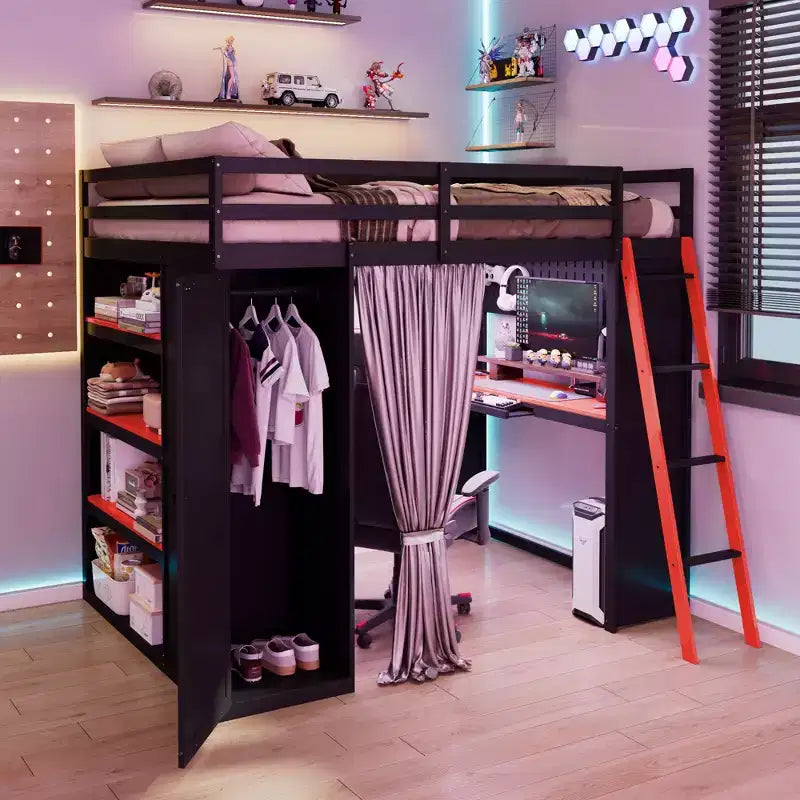Lit mezzanine gaming pleine grandeur avec bureau et lumières RVB, cadre de lit mezzanine en bois avec armoire de rangement, étagères et rideaux occultants