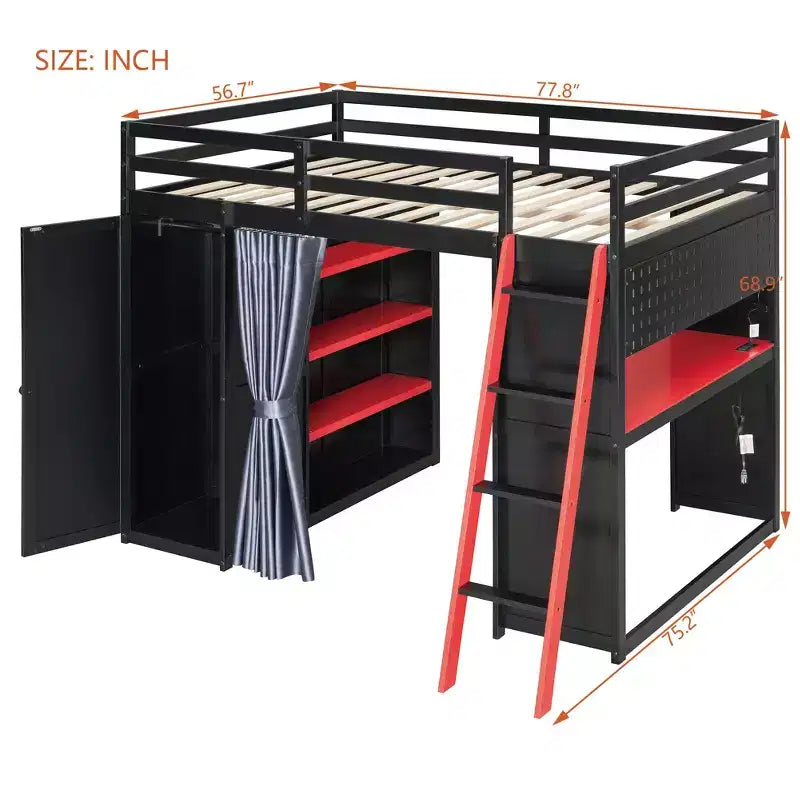 Lit mezzanine gaming pleine grandeur avec bureau et lumières RVB, cadre de lit mezzanine en bois avec armoire de rangement, étagères et rideaux occultants
