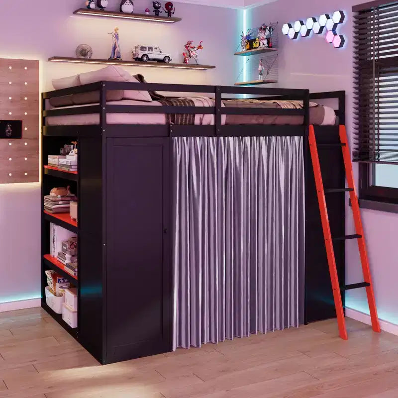 Lit mezzanine gaming pleine grandeur avec bureau et lumières RVB, cadre de lit mezzanine en bois avec armoire de rangement, étagères et rideaux occultants