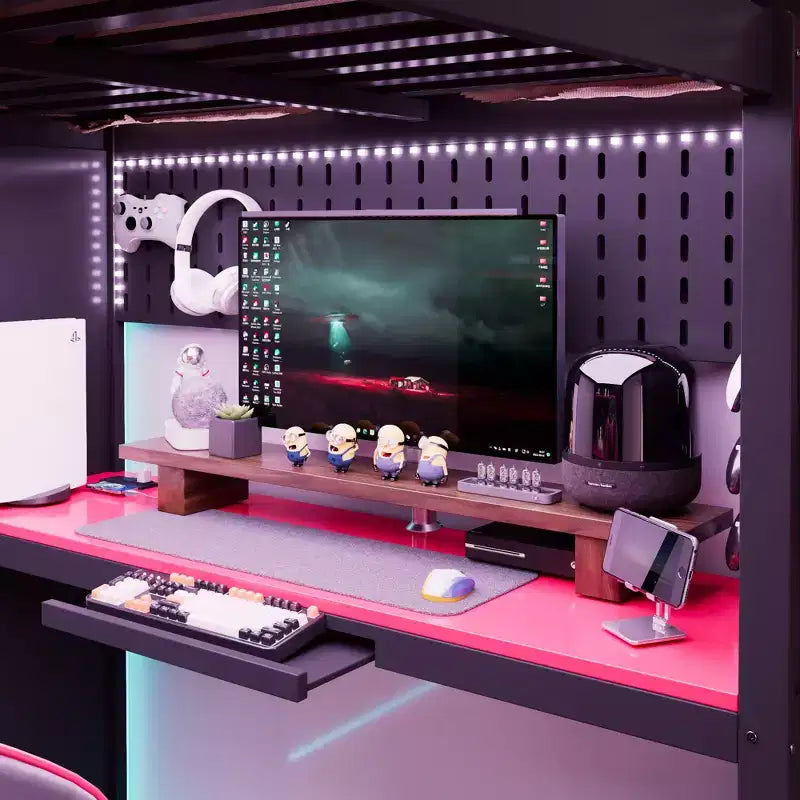 Lit mezzanine gaming pleine grandeur avec bureau et lumières RVB, cadre de lit mezzanine en bois avec armoire de rangement, étagères et rideaux occultants
