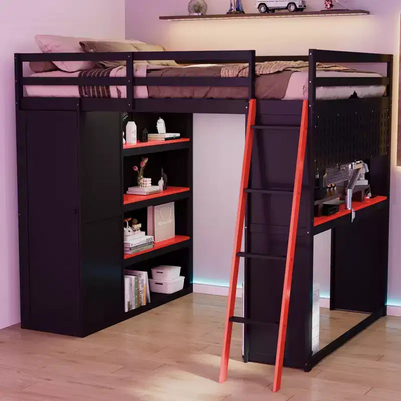 Lit mezzanine gaming pleine grandeur avec bureau et lumières RVB, cadre de lit mezzanine en bois avec armoire de rangement, étagères et rideaux occultants