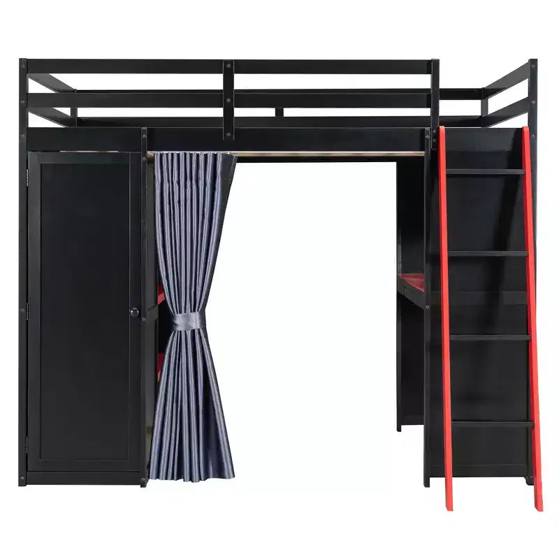 Lit mezzanine gaming pleine grandeur avec bureau et lumières RVB, cadre de lit mezzanine en bois avec armoire de rangement, étagères et rideaux occultants