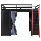 Lit mezzanine gaming pleine grandeur avec bureau et lumières RVB, cadre de lit mezzanine en bois avec armoire de rangement, étagères et rideaux occultants