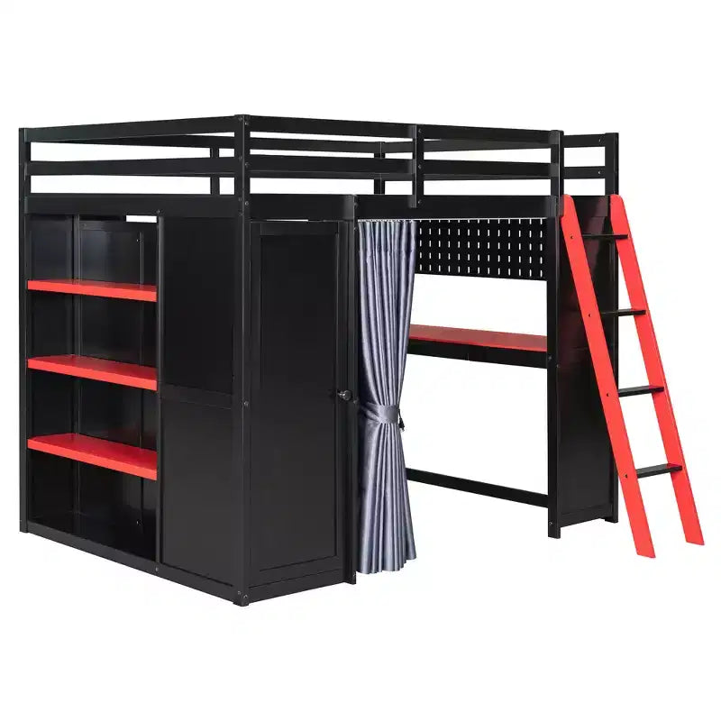 Lit mezzanine gaming pleine grandeur avec bureau et lumières RVB, cadre de lit mezzanine en bois avec armoire de rangement, étagères et rideaux occultants