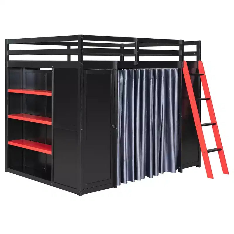 Lit mezzanine gaming pleine grandeur avec bureau et lumières RVB, cadre de lit mezzanine en bois avec armoire de rangement, étagères et rideaux occultants