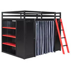 Lit mezzanine gaming pleine grandeur avec bureau et lumières RVB, cadre de lit mezzanine en bois avec armoire de rangement, étagères et rideaux occultants