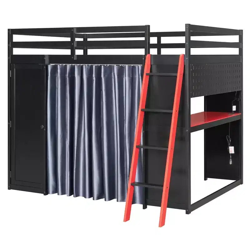 Lit mezzanine gaming pleine grandeur avec bureau et lumières RVB, cadre de lit mezzanine en bois avec armoire de rangement, étagères et rideaux occultants