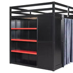 Lit mezzanine gaming pleine grandeur avec bureau et lumières RVB, cadre de lit mezzanine en bois avec armoire de rangement, étagères et rideaux occultants