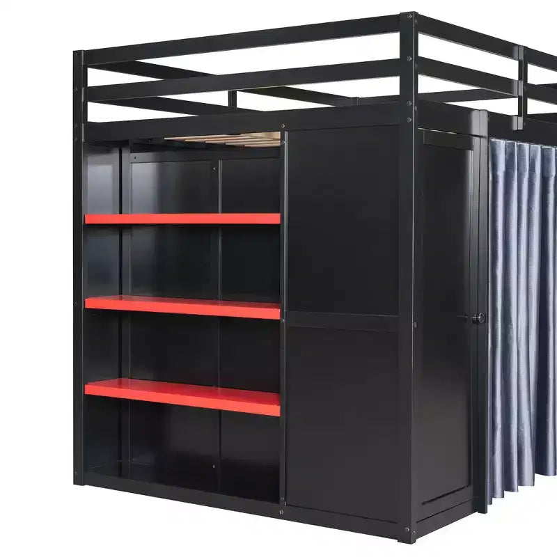 Lit mezzanine gaming pleine grandeur avec bureau et lumières RVB, cadre de lit mezzanine en bois avec armoire de rangement, étagères et rideaux occultants