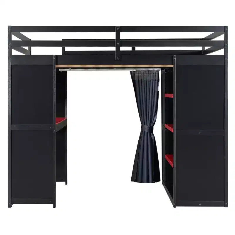 Lit mezzanine gaming pleine grandeur avec bureau et lumières RVB, cadre de lit mezzanine en bois avec armoire de rangement, étagères et rideaux occultants