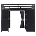Lit mezzanine gaming pleine grandeur avec bureau et lumières RVB, cadre de lit mezzanine en bois avec armoire de rangement, étagères et rideaux occultants
