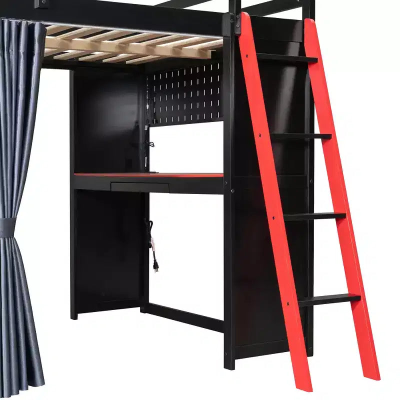 Lit mezzanine gaming pleine grandeur avec bureau et lumières RVB, cadre de lit mezzanine en bois avec armoire de rangement, étagères et rideaux occultants