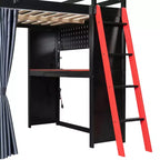 Lit mezzanine gaming pleine grandeur avec bureau et lumières RVB, cadre de lit mezzanine en bois avec armoire de rangement, étagères et rideaux occultants