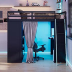Lit mezzanine gaming pleine grandeur avec bureau et lumières RVB, cadre de lit mezzanine en bois avec armoire de rangement, étagères et rideaux occultants