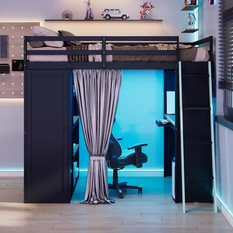 Lit mezzanine gaming pleine grandeur avec bureau et lumières RVB, cadre de lit mezzanine en bois avec armoire de rangement, étagères et rideaux occultants