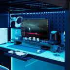 Lit mezzanine gaming pleine grandeur avec bureau et lumières RVB, cadre de lit mezzanine en bois avec armoire de rangement, étagères et rideaux occultants