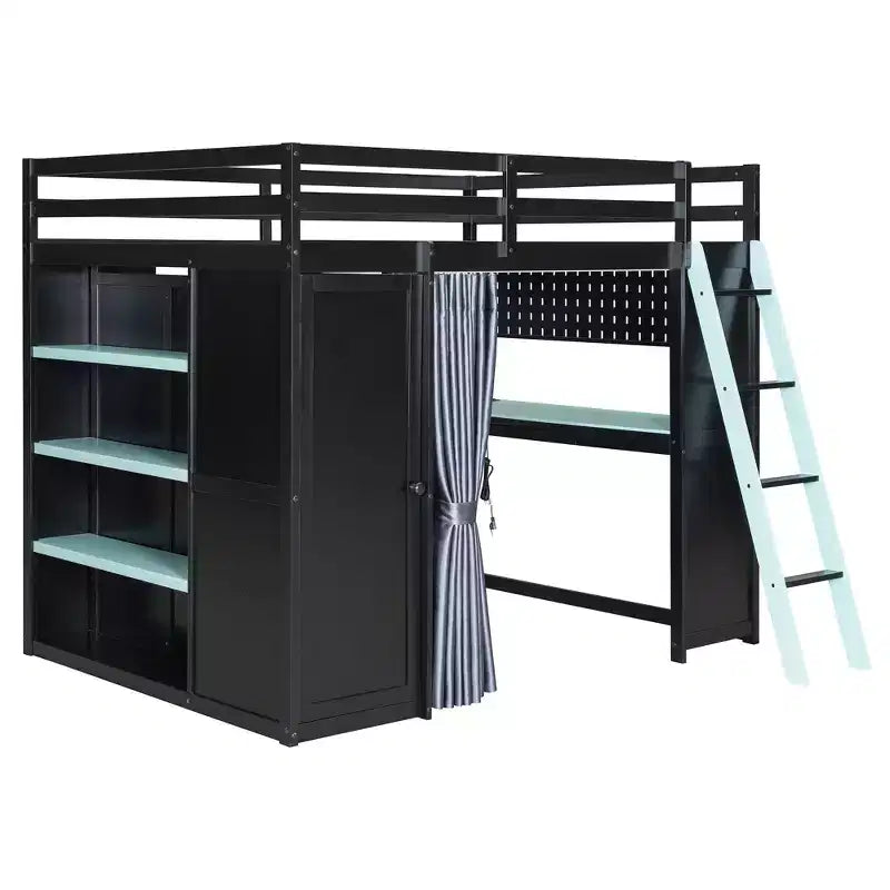 Lit mezzanine gaming pleine grandeur avec bureau et lumières RVB, cadre de lit mezzanine en bois avec armoire de rangement, étagères et rideaux occultants