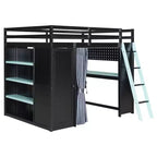 Lit mezzanine gaming pleine grandeur avec bureau et lumières RVB, cadre de lit mezzanine en bois avec armoire de rangement, étagères et rideaux occultants