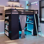 Full Size Gaming Loft Bed with Desk & RGB Lights, Full Wood Loft Bed Frame with Storage Wardrobe, Shelves & Blackout Curtains