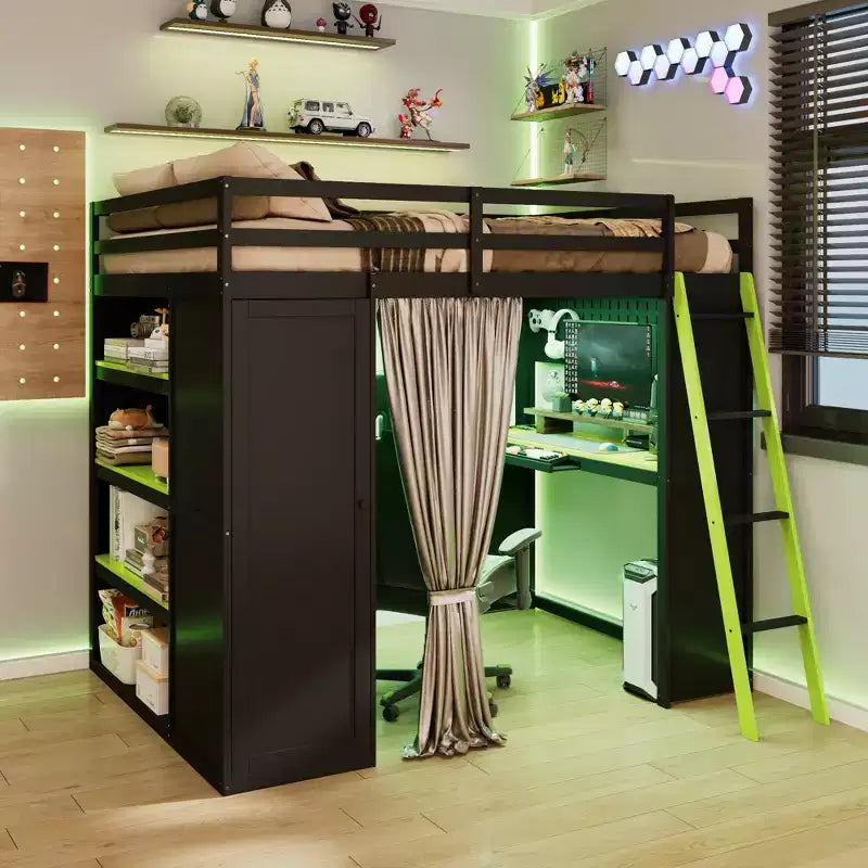 Lit mezzanine gaming pleine grandeur avec bureau et lumières RVB, cadre de lit mezzanine en bois avec armoire de rangement, étagères et rideaux occultants
