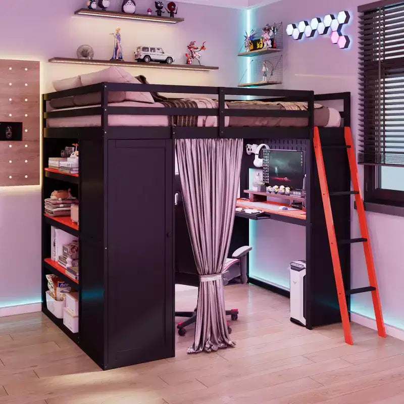 Lit mezzanine gaming pleine grandeur avec bureau et lumières RVB, cadre de lit mezzanine en bois avec armoire de rangement, étagères et rideaux occultants