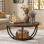 Table Basse Ronde Lantine de 32 Pouces, Table Basse de Ferme à 2 Niveaux en Bois avec Étagères de Rangement Ouvertes pour Salon, Grise