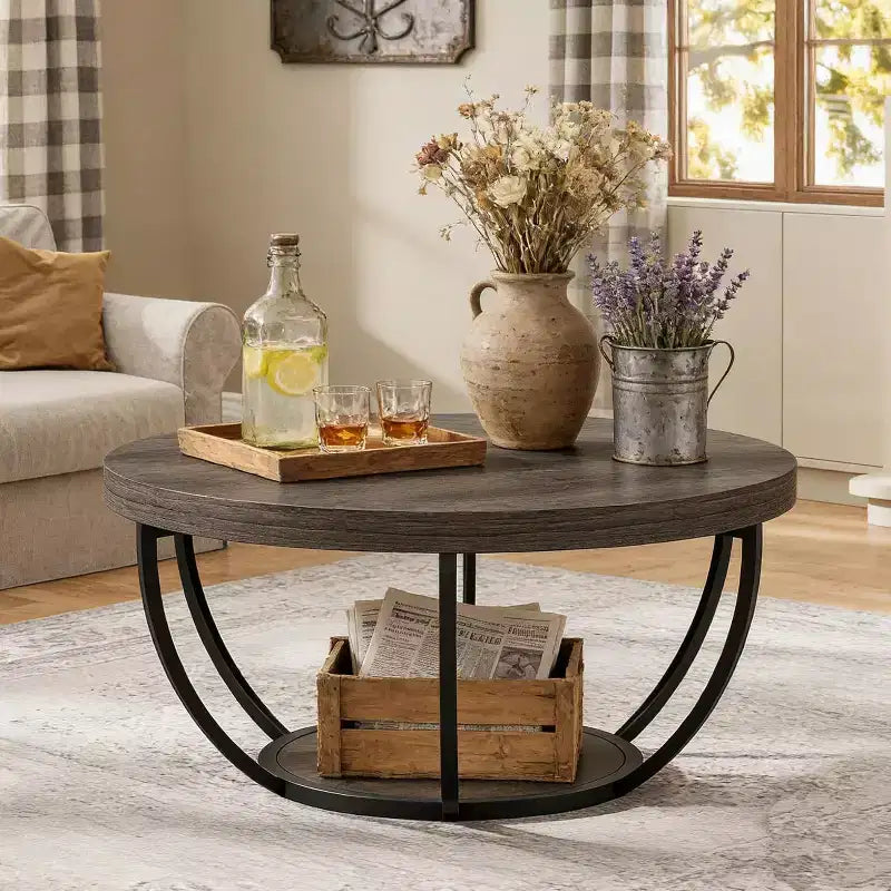 Table Basse Ronde Lantine de 32 Pouces, Table Basse de Ferme à 2 Niveaux en Bois avec Étagères de Rangement Ouvertes pour Salon, Grise