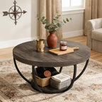 Table Basse Ronde Lantine de 32 Pouces, Table Basse de Ferme à 2 Niveaux en Bois avec Étagères de Rangement Ouvertes pour Salon, Grise