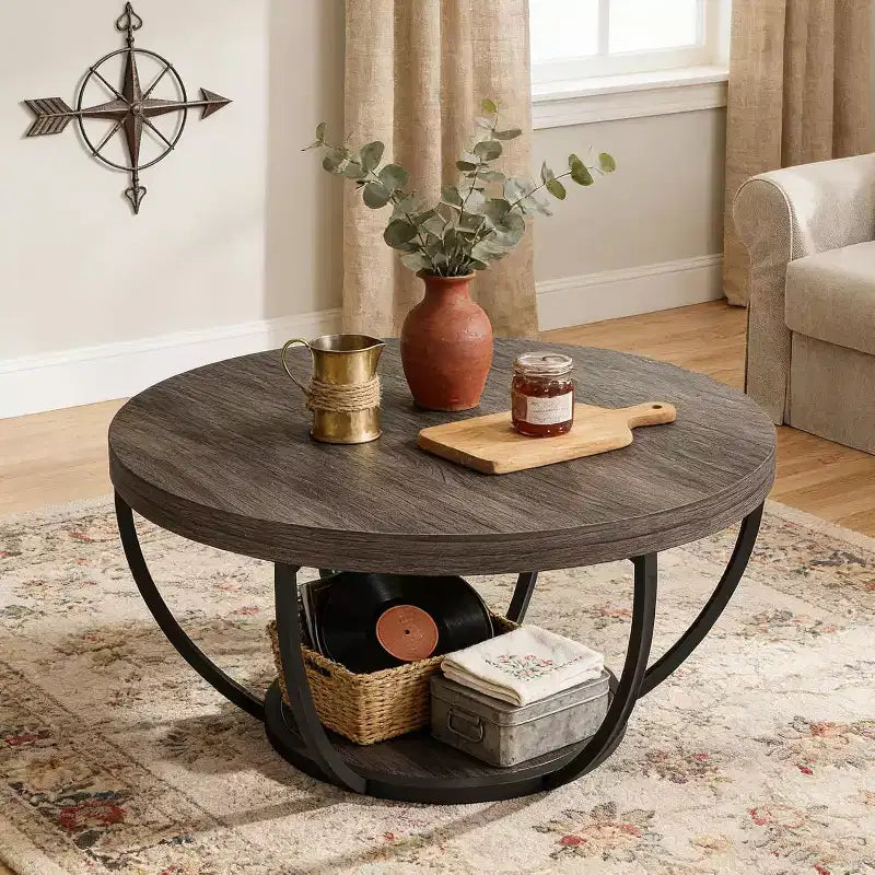 Table Basse Ronde Lantine de 32 Pouces, Table Basse de Ferme à 2 Niveaux en Bois avec Étagères de Rangement Ouvertes pour Salon, Grise