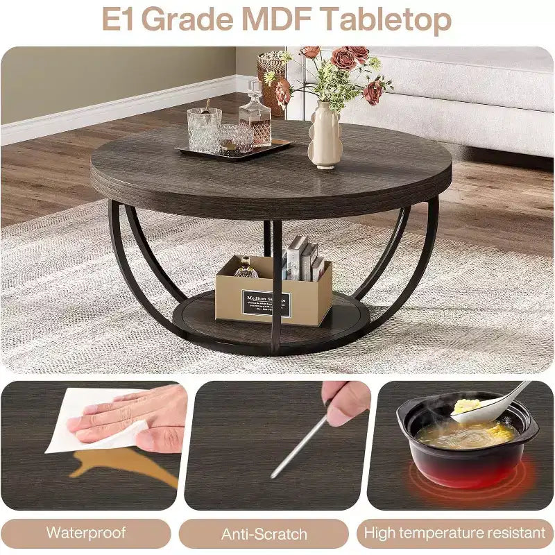 Table Basse Ronde Lantine de 32 Pouces, Table Basse de Ferme à 2 Niveaux en Bois avec Étagères de Rangement Ouvertes pour Salon, Grise