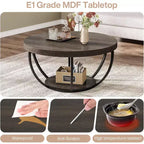 Table Basse Ronde Lantine de 32 Pouces, Table Basse de Ferme à 2 Niveaux en Bois avec Étagères de Rangement Ouvertes pour Salon, Grise