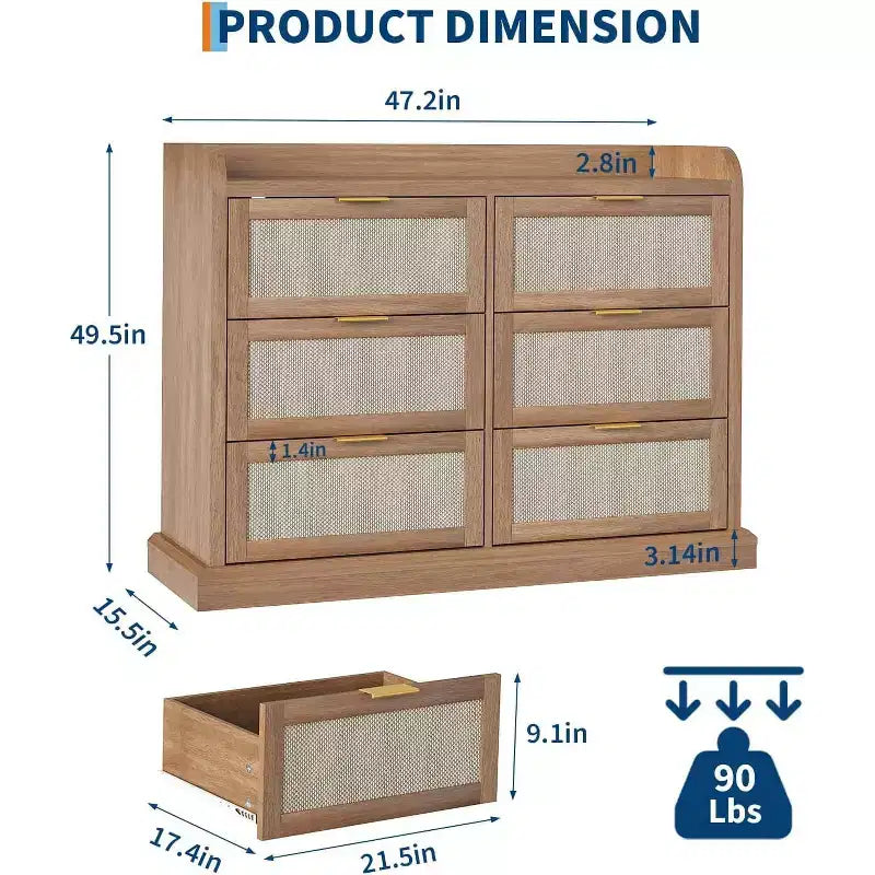 Commode de chambre à 6 tiroirs style ferme, commode en rotin avec rangement, grande commode avec poignée dorée, pour chambre/entrée