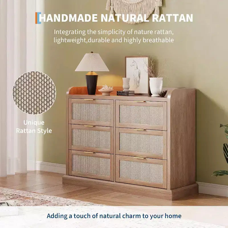 Commode de chambre à 6 tiroirs style ferme, commode en rotin avec rangement, grande commode avec poignée dorée, pour chambre/entrée