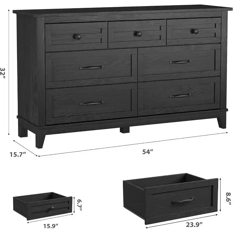 Commode 7 tiroirs pour chambre à coucher, commode de rangement de 137 cm de large, autonome, commode de rangement en bois pour salon, chambre à coucher, entrée, noire