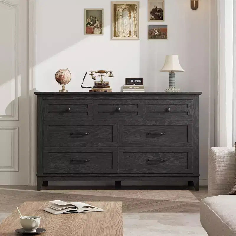 Commode 7 tiroirs pour chambre à coucher, commode de rangement de 137 cm de large, autonome, commode de rangement en bois pour salon, chambre à coucher, entrée, noire