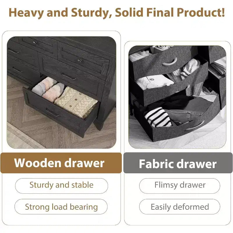 Commode 7 tiroirs pour chambre à coucher, commode de rangement de 137 cm de large, autonome, commode de rangement en bois pour salon, chambre à coucher, entrée, noire