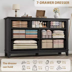 Commode 7 tiroirs pour chambre à coucher, commode de rangement de 137 cm de large, autonome, commode de rangement en bois pour salon, chambre à coucher, entrée, noire