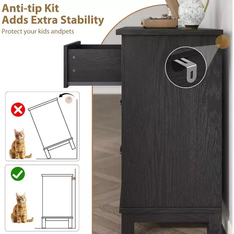 Commode 7 tiroirs pour chambre à coucher, commode de rangement de 137 cm de large, autonome, commode de rangement en bois pour salon, chambre à coucher, entrée, noire