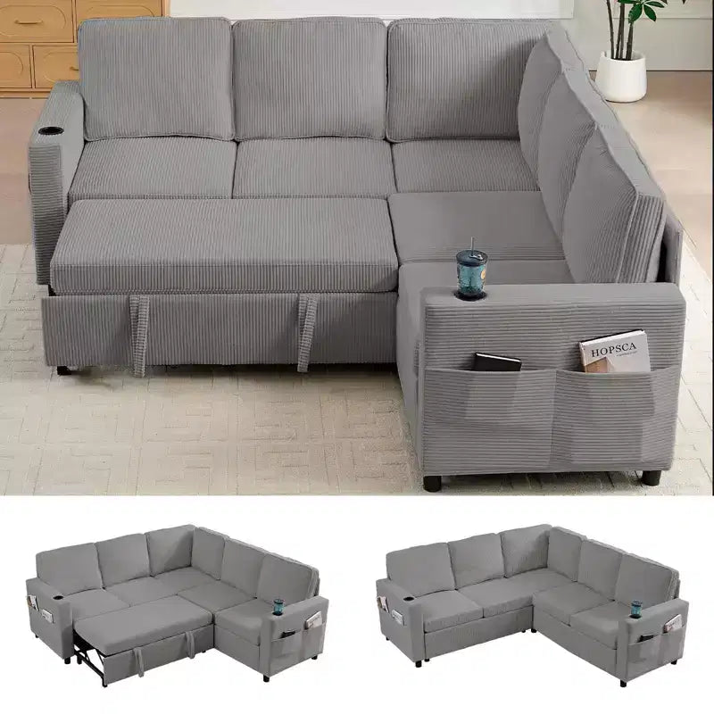 Canapé combiné modulable convertible Mjkone avec lit gigogne, canapé-lit sectionnel en forme de L à 5 places avec rangement