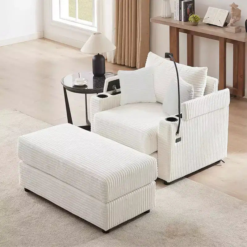 MAYEERTY 41,7 Canapé individuel moderne avec pouf de rangement, deux ports et support pour salon, beige