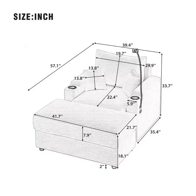 MAYEERTY 41,7 Canapé individuel moderne avec pouf de rangement, deux ports et support pour salon, beige