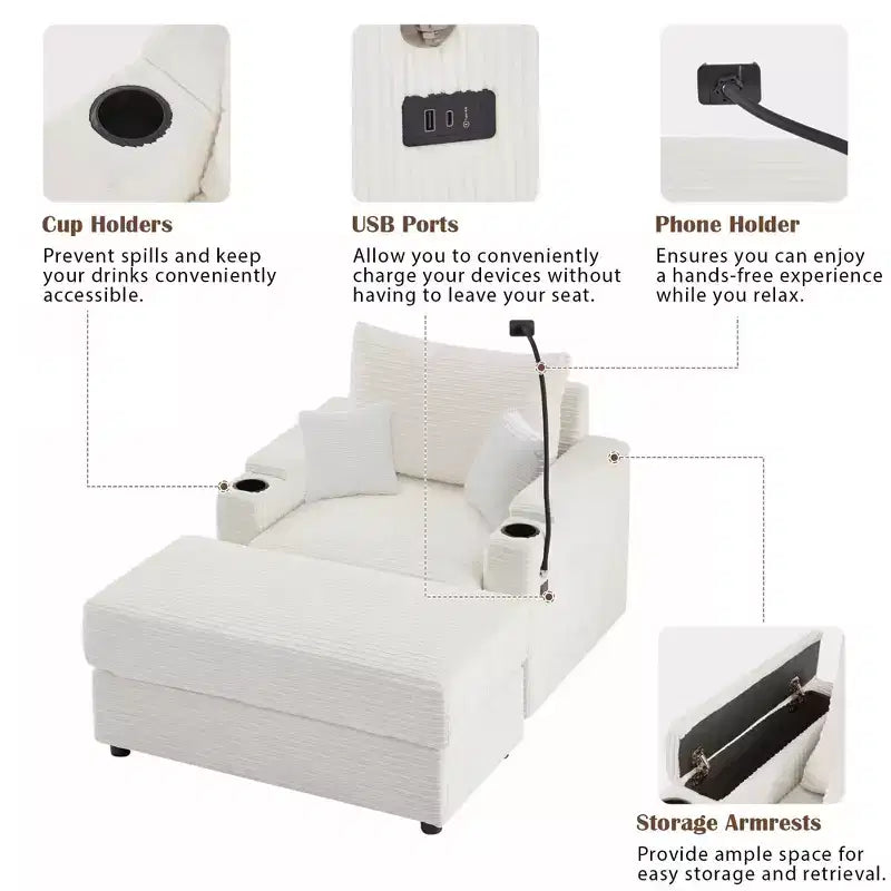MAYEERTY 41,7 Canapé individuel moderne avec pouf de rangement, deux ports et support pour salon, beige