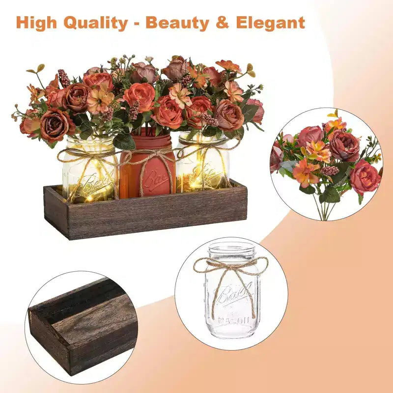 Centres de table décoratifs bocal Mason - 3 pièces de décoration rustique printanière avec fausses fleurs bleues, plateau en bois et lumières à minuterie, décor de table avec fleurs artificielles