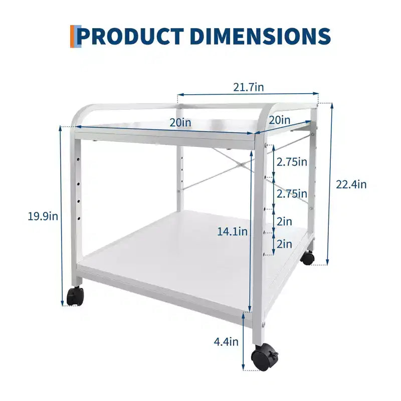 Meuble d'imprimante sous bureau, support d'imprimante à 2 niveaux avec étagère de rangement réglable en hauteur, chariot d'imprimante roulant profond de 20 pouces avec roulettes pour bureau à domicile
