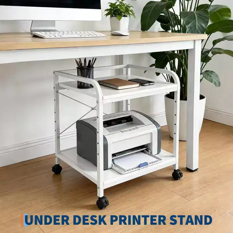 Meuble d'imprimante sous bureau, support d'imprimante à 2 niveaux avec étagère de rangement réglable en hauteur, chariot d'imprimante roulant profond de 20 pouces avec roulettes pour bureau à domicile
