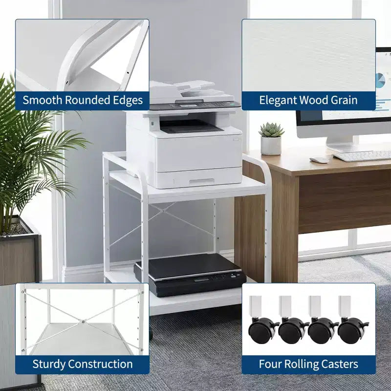 Meuble d'imprimante sous bureau, support d'imprimante à 2 niveaux avec étagère de rangement réglable en hauteur, chariot d'imprimante roulant profond de 20 pouces avec roulettes pour bureau à domicile