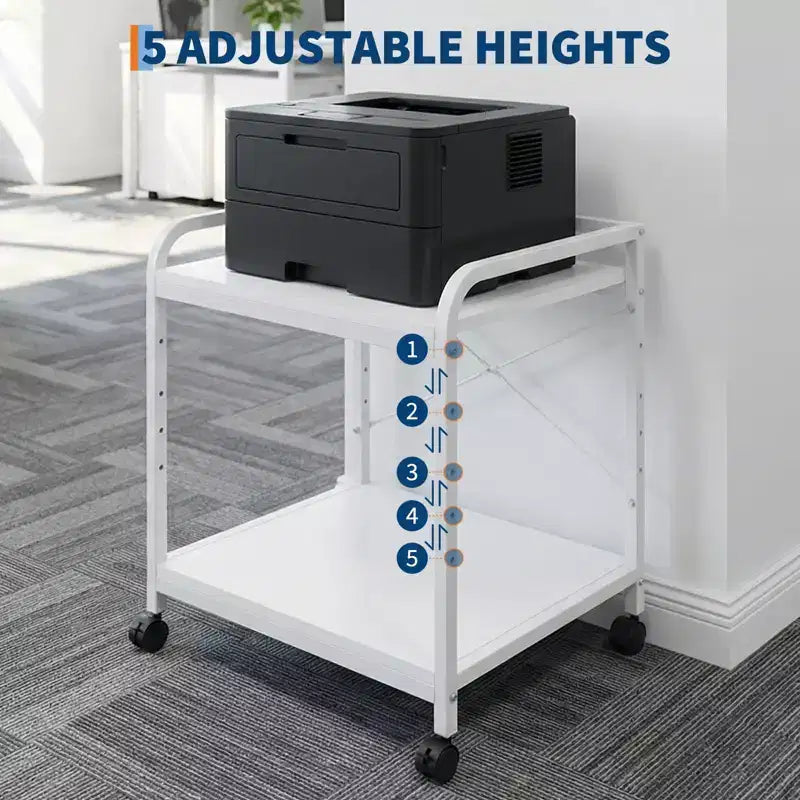 Meuble d'imprimante sous bureau, support d'imprimante à 2 niveaux avec étagère de rangement réglable en hauteur, chariot d'imprimante roulant profond de 20 pouces avec roulettes pour bureau à domicile